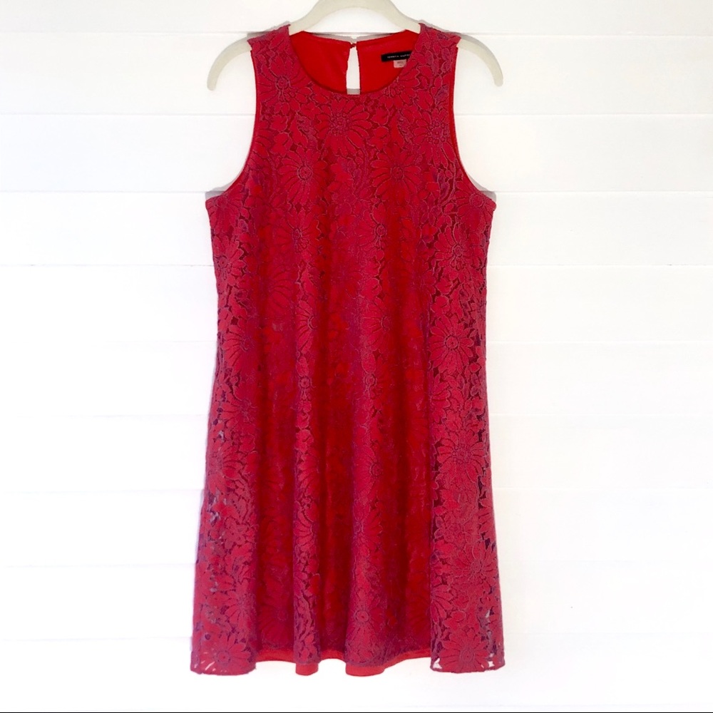Tommy Hilfiger Raspberry Red Floral Lace Midi Shift Dress (Lined) w Keyhole Back